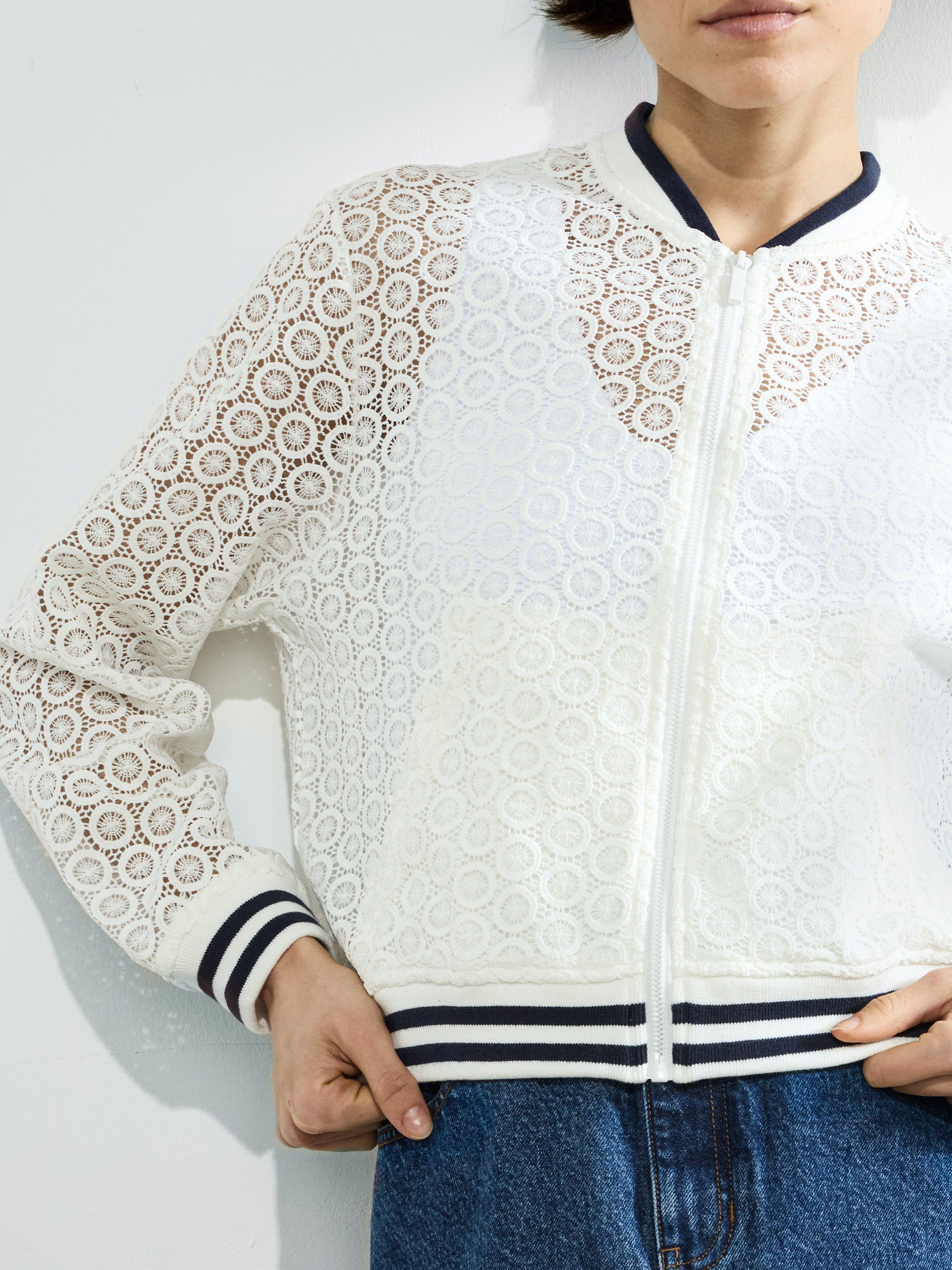 Product image 3 of 5, which shows French Connection Krista Lace Mix Knit Bomber Jacket, Summer White/Navy, XS