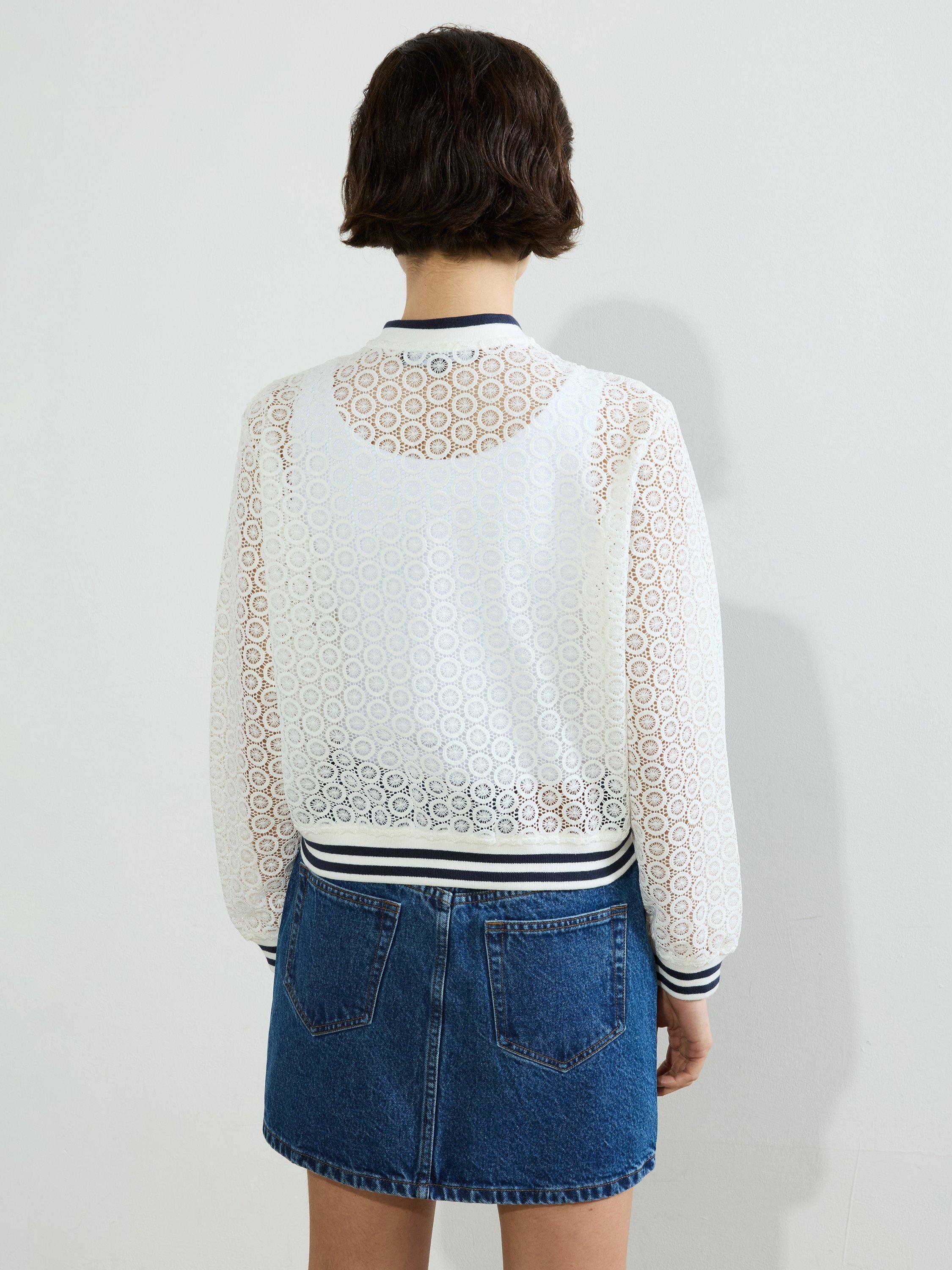 Product image 4 of 5, which shows French Connection Krista Lace Mix Knit Bomber Jacket, Summer White/Navy, XS