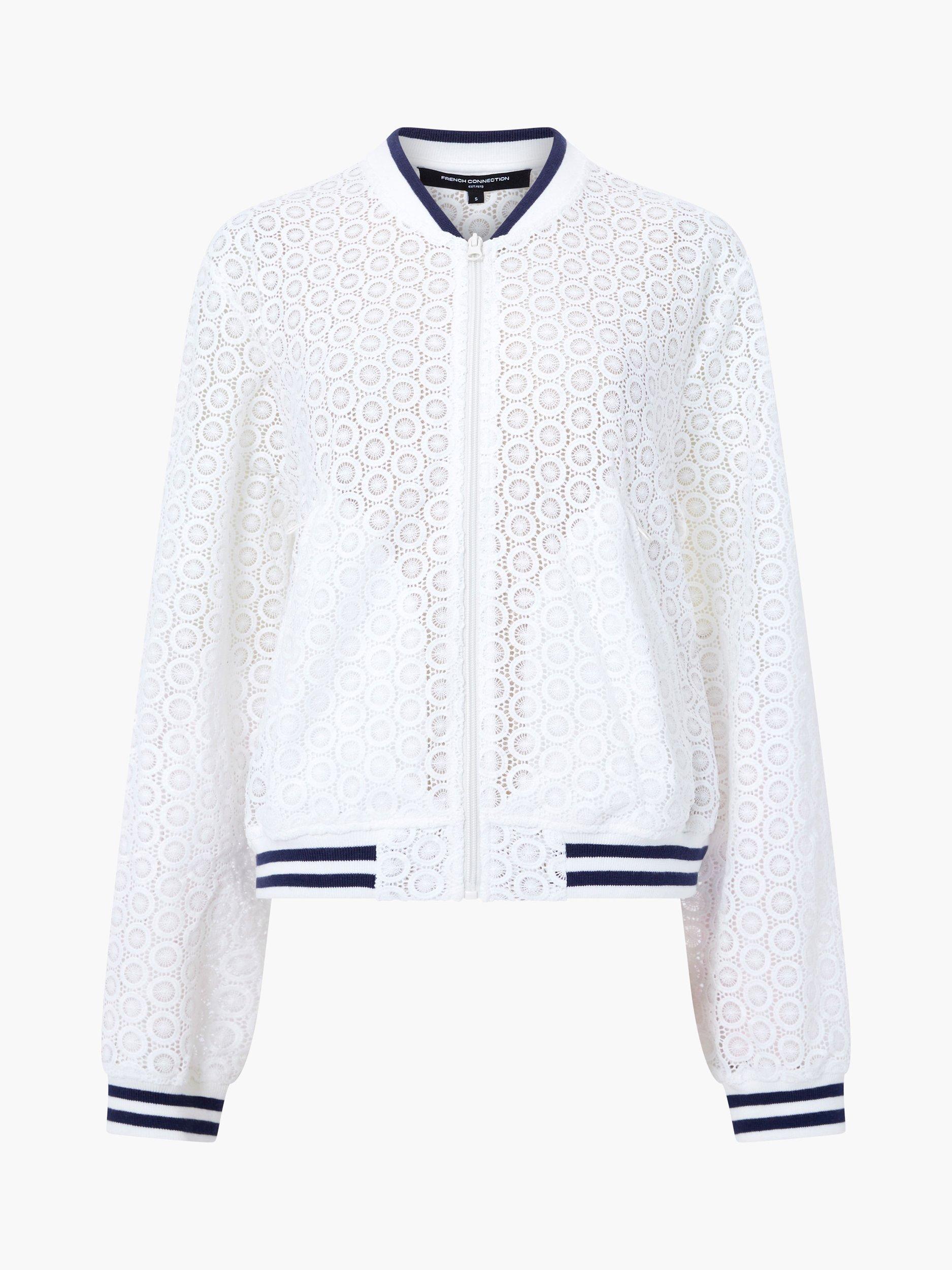 Product image 5 of 5, which shows French Connection Krista Lace Mix Knit Bomber Jacket, Summer White/Navy, XS