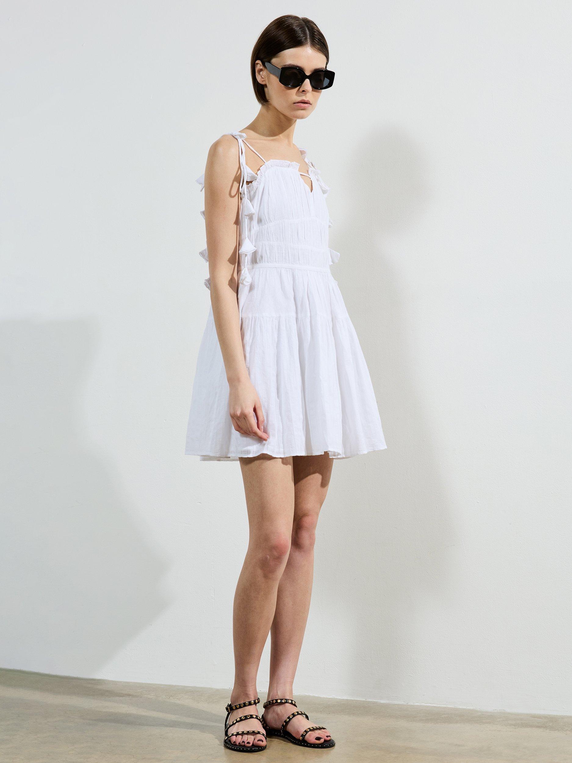 Product image 1 of 5, which shows French Connection Amra Cotton Gathered Mini Dress, Linen White, 6