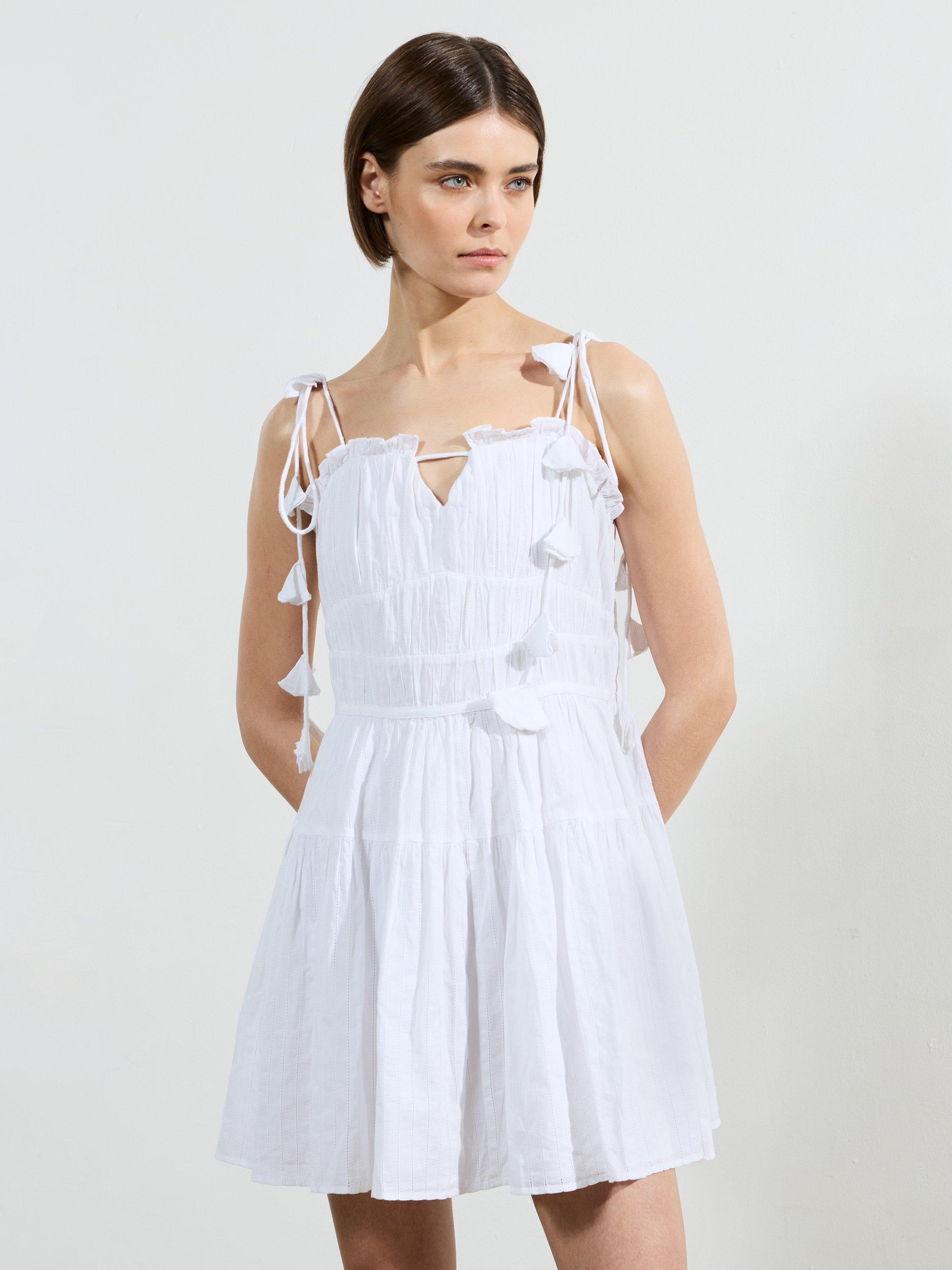 Product image 3 of 5, which shows French Connection Amra Cotton Gathered Mini Dress, Linen White, 6