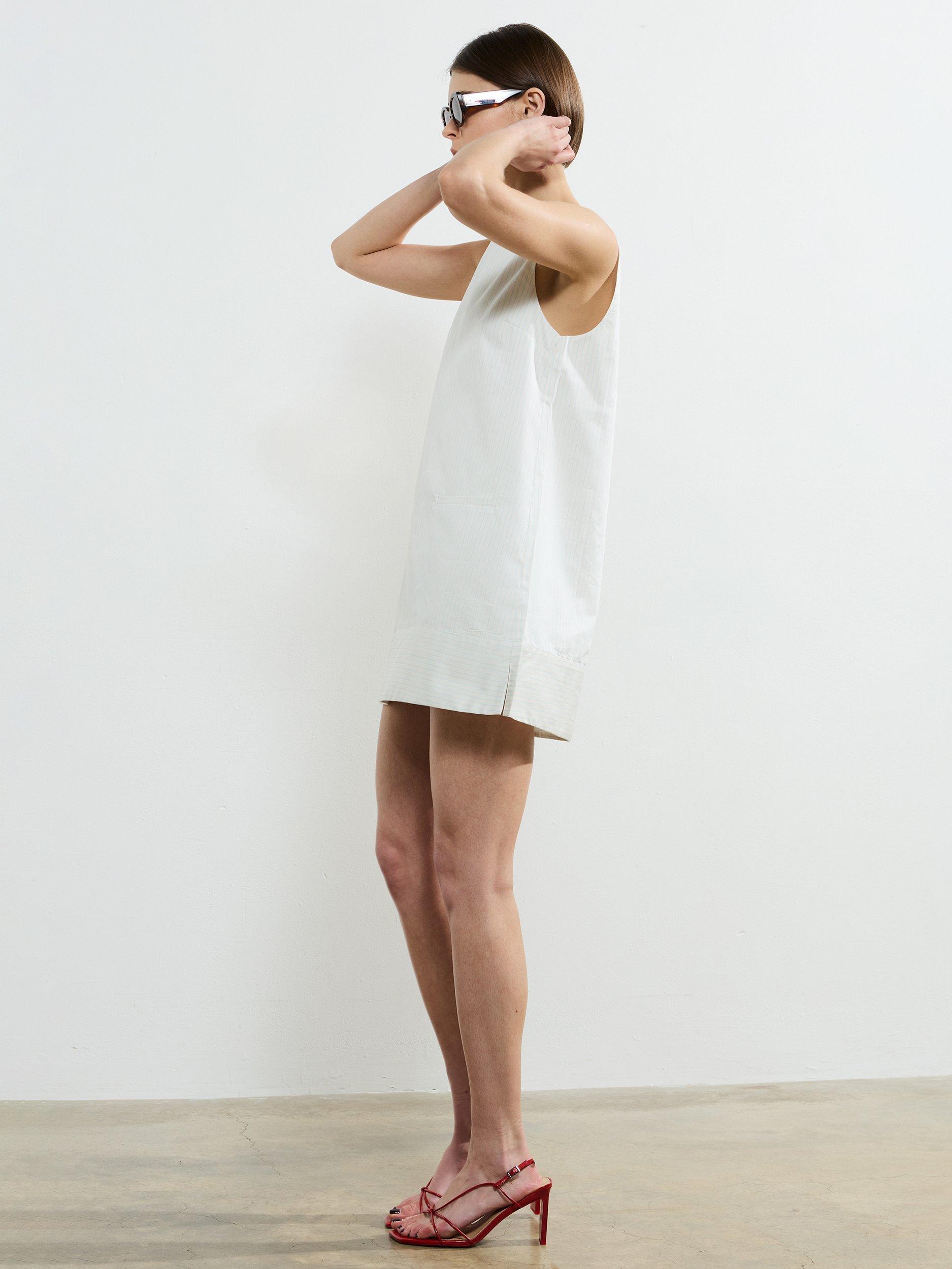 Product image 4 of 5, which shows French Connection Cotton Pinstripe Sleeveless Shift Dress, Cream/Blue Stripe, XS