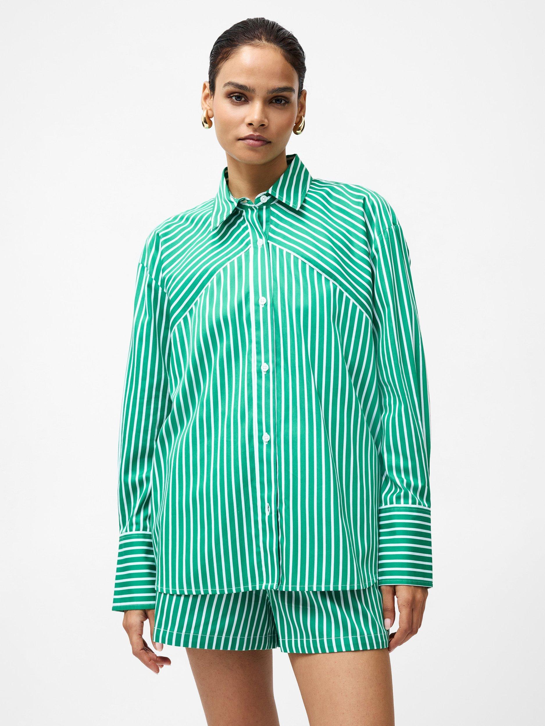 Product image 1 of 5, which shows French Connection Alexis Stripe Angled Yoke Shirt, Green/Summer White, XS