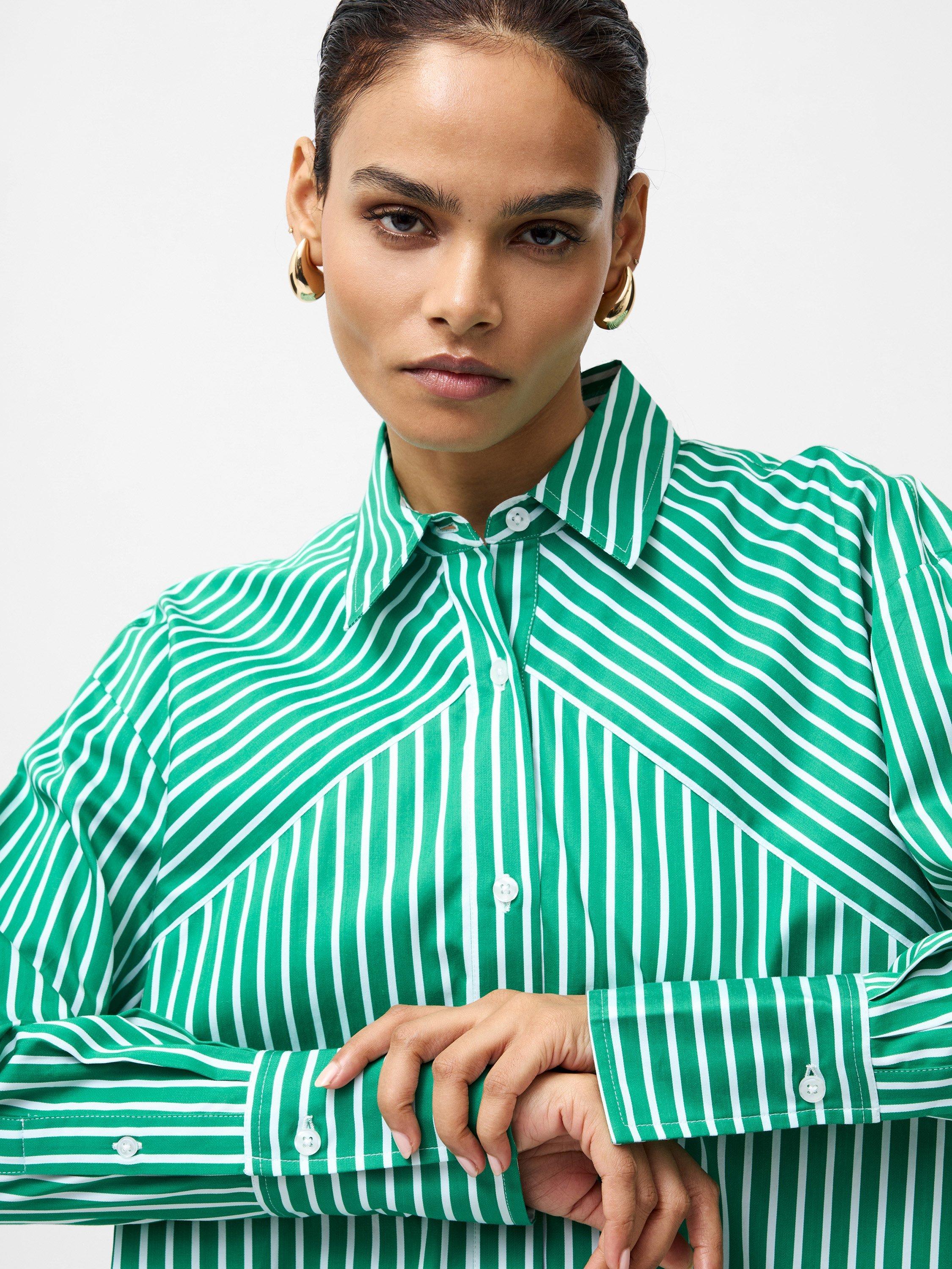 Product image 2 of 5, which shows French Connection Alexis Stripe Angled Yoke Shirt, Green/Summer White, XS