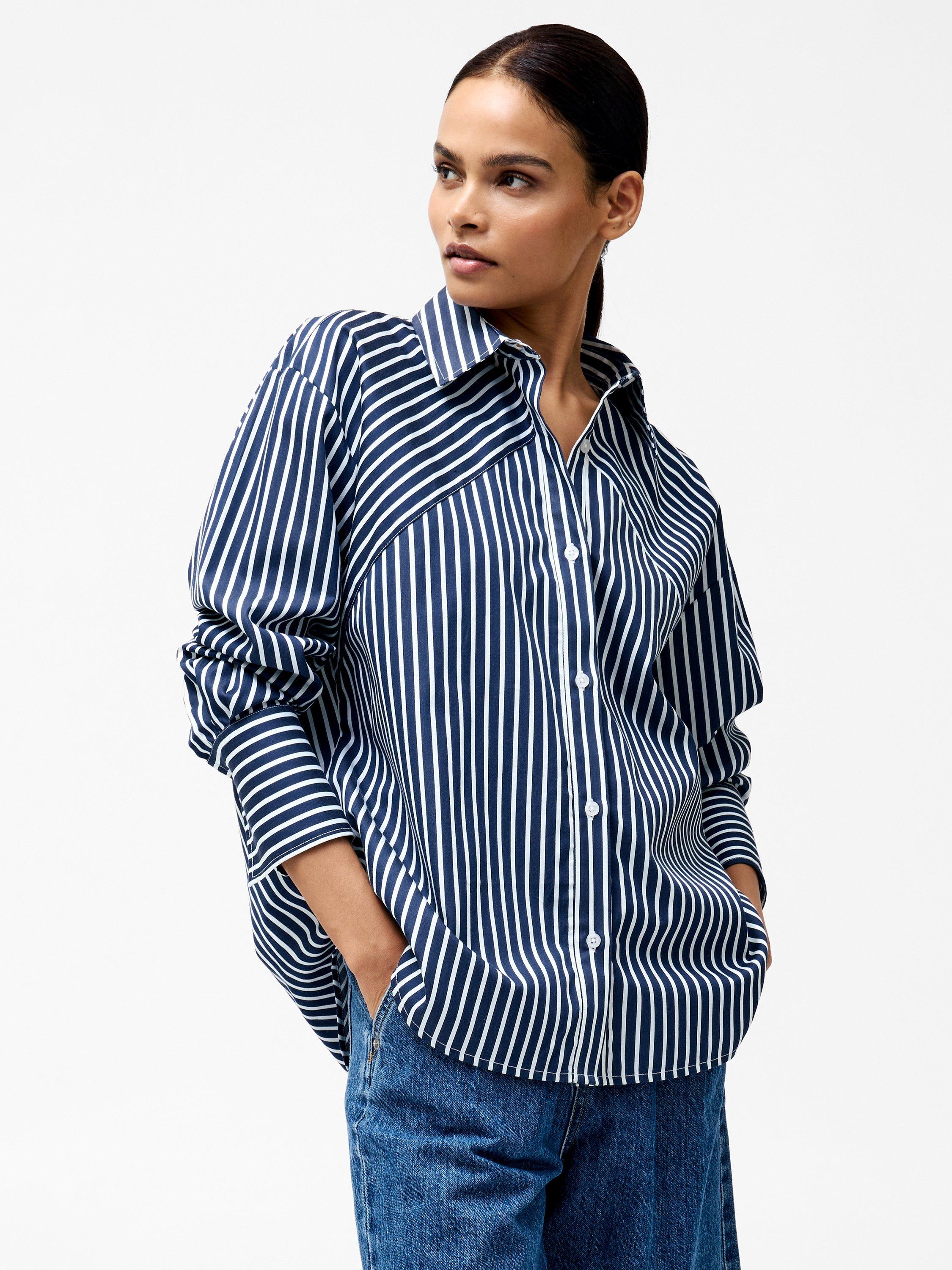 Product image 1 of 5, which shows French Connection Alexis Stripe Angled Yoke Shirt, Marine/Summer White, XS