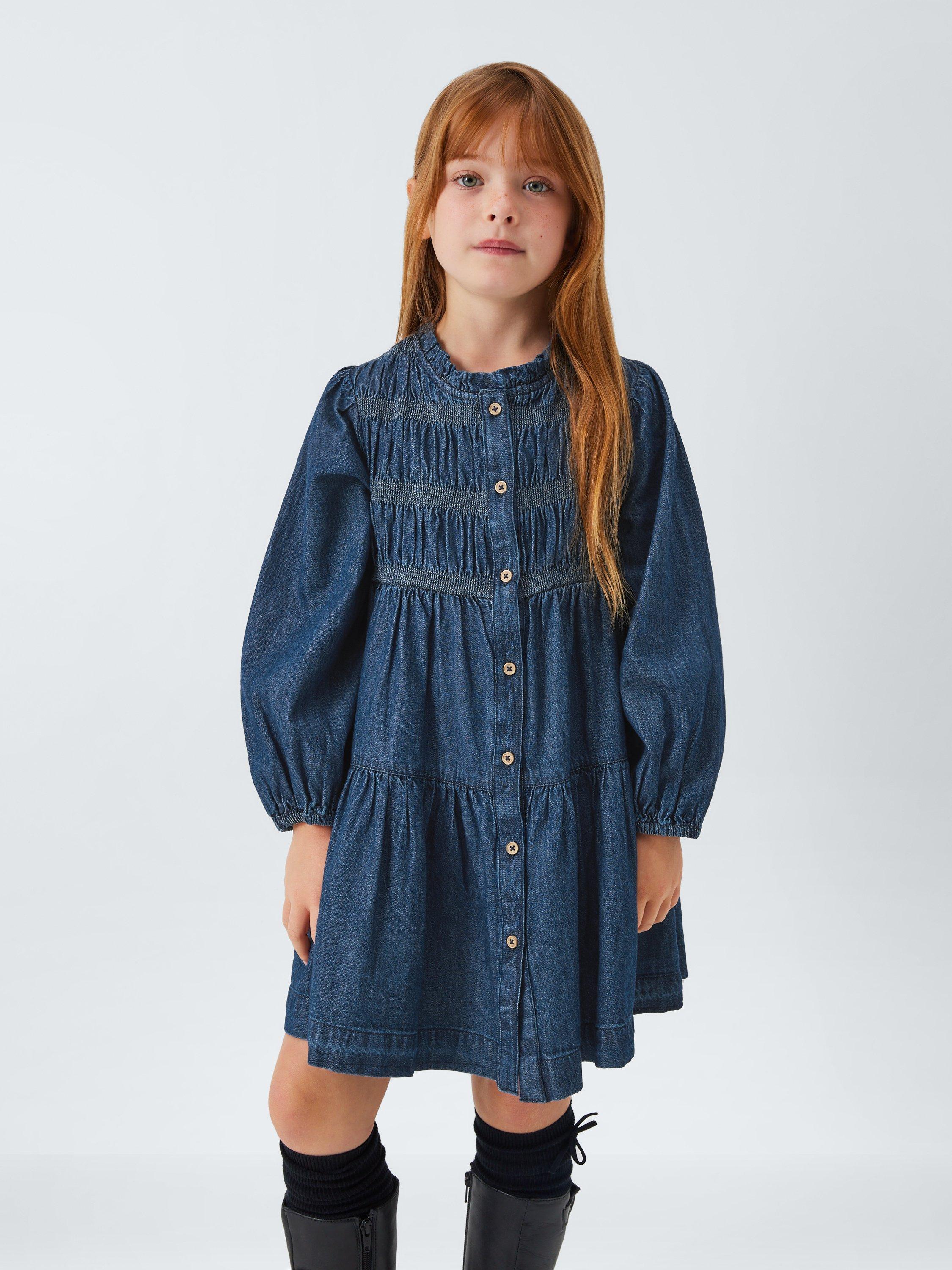 John Lewis Kids' Shirred Bodice Puff Sleeve Denim Shirt Dress, Blue