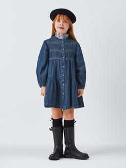 John Lewis Kids' Shirred Bodice Puff Sleeve Denim Shirt Dress, Blue - view 2, Blue