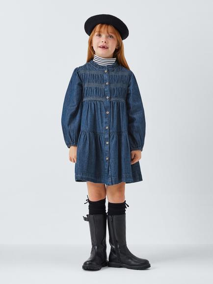 John Lewis Kids' Shirred Bodice Puff Sleeve Denim Shirt Dress, Blue - view 2, Blue
