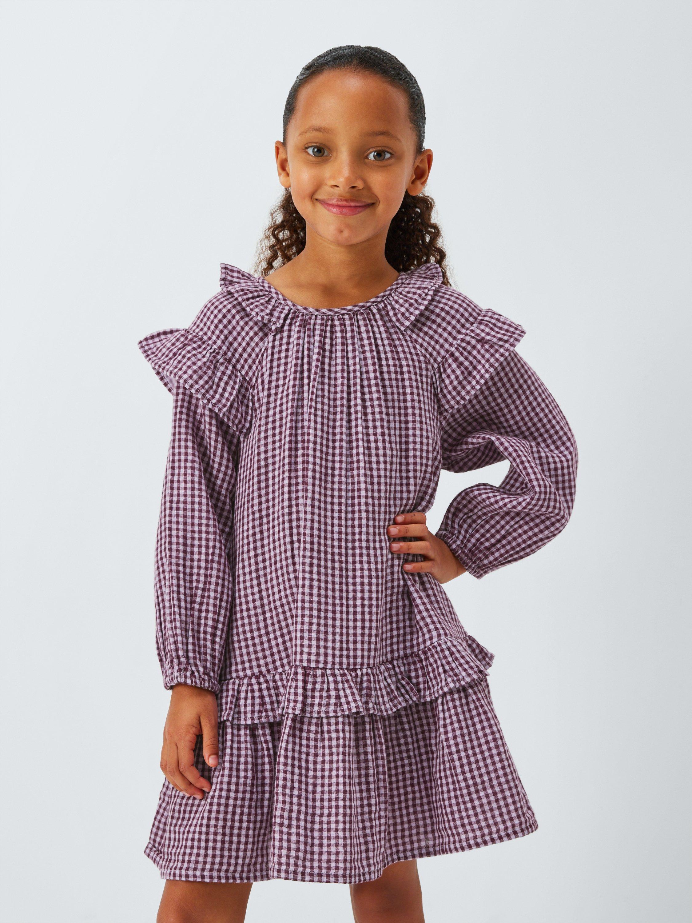 Product image 1 of 7, which shows John Lewis Kids' Cotton Check Ruffle Dress, Orange, Black, 3 years