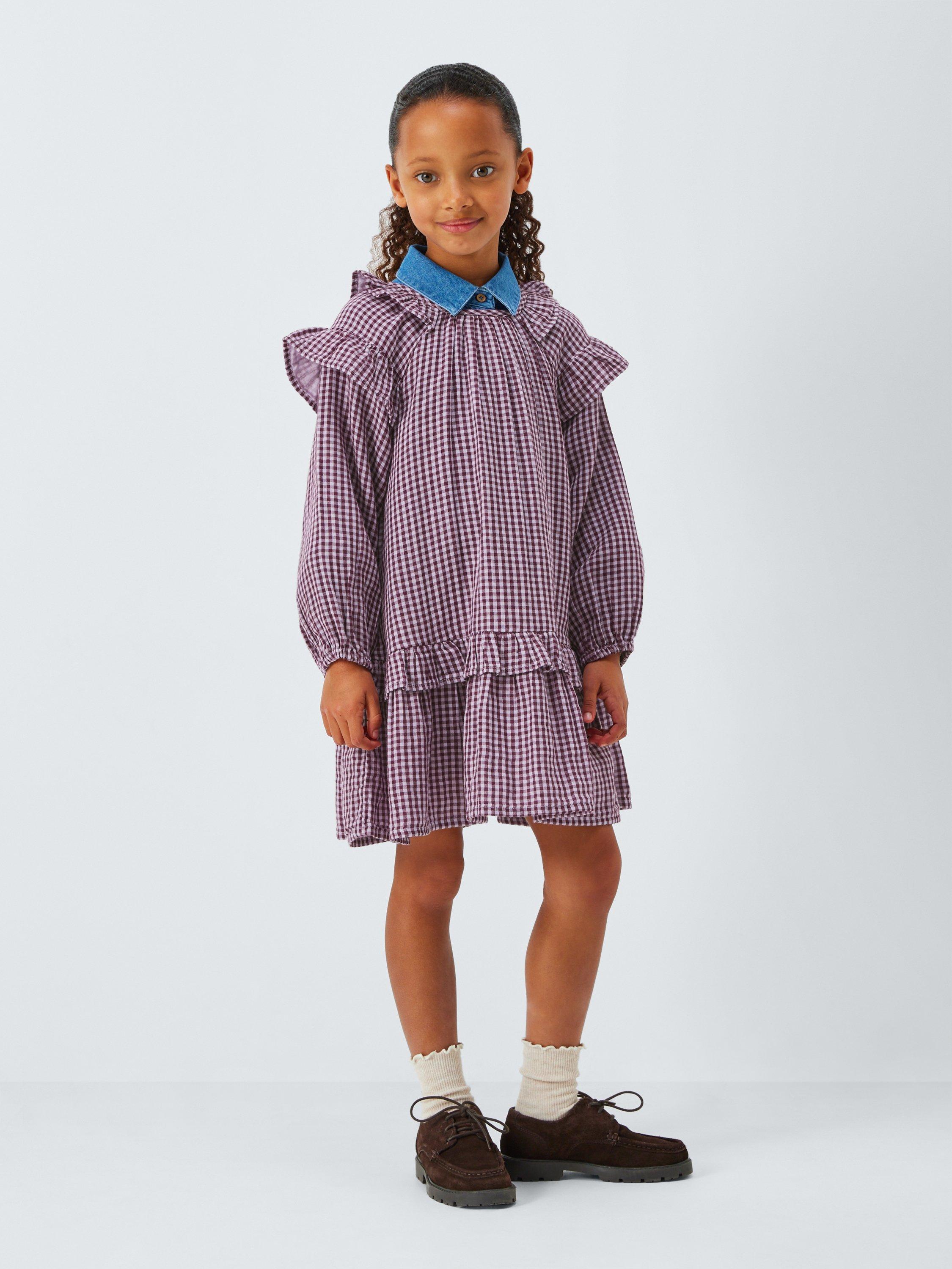 Product image 2 of 7, which shows John Lewis Kids' Cotton Check Ruffle Dress, Orange, Black, 3 years