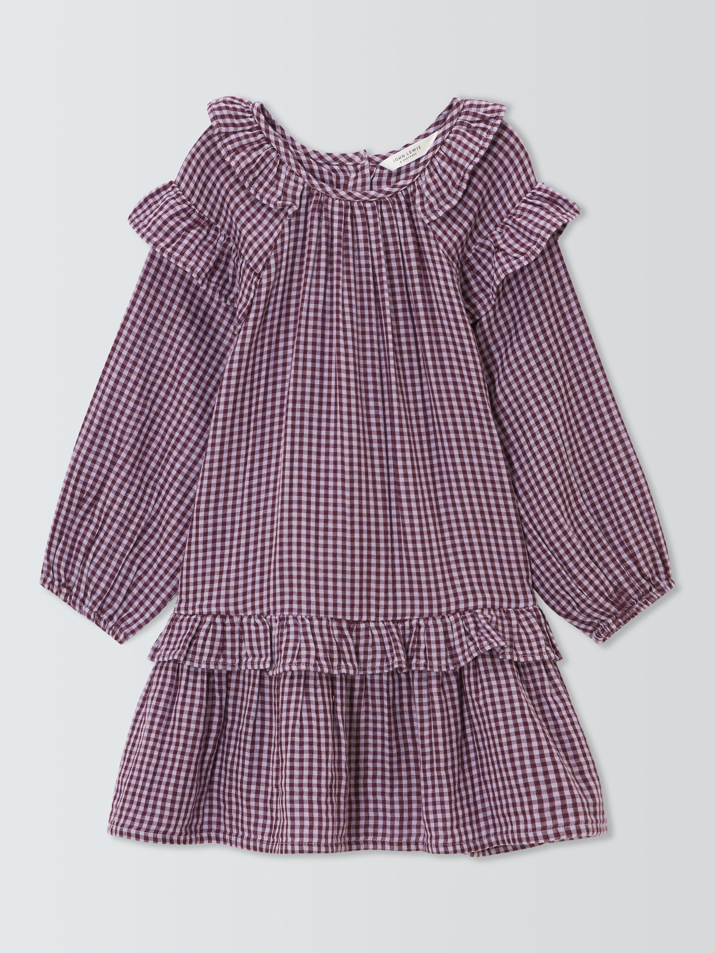 Product image 3 of 7, which shows John Lewis Kids' Cotton Check Ruffle Dress, Orange, Black, 3 years