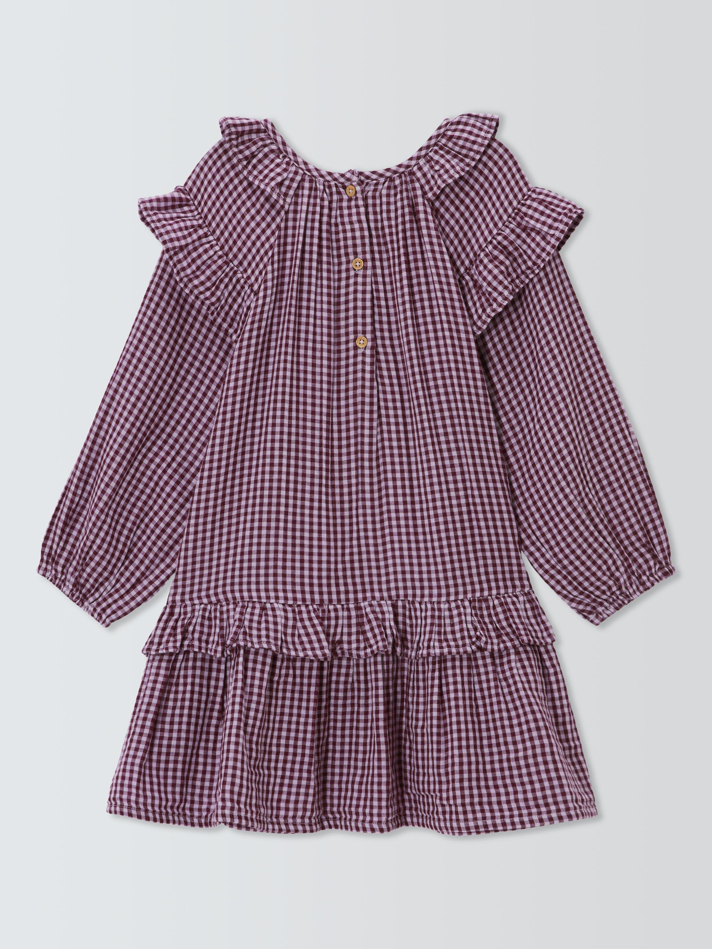 Product image 4 of 7, which shows John Lewis Kids' Cotton Check Ruffle Dress, Orange, Black, 3 years