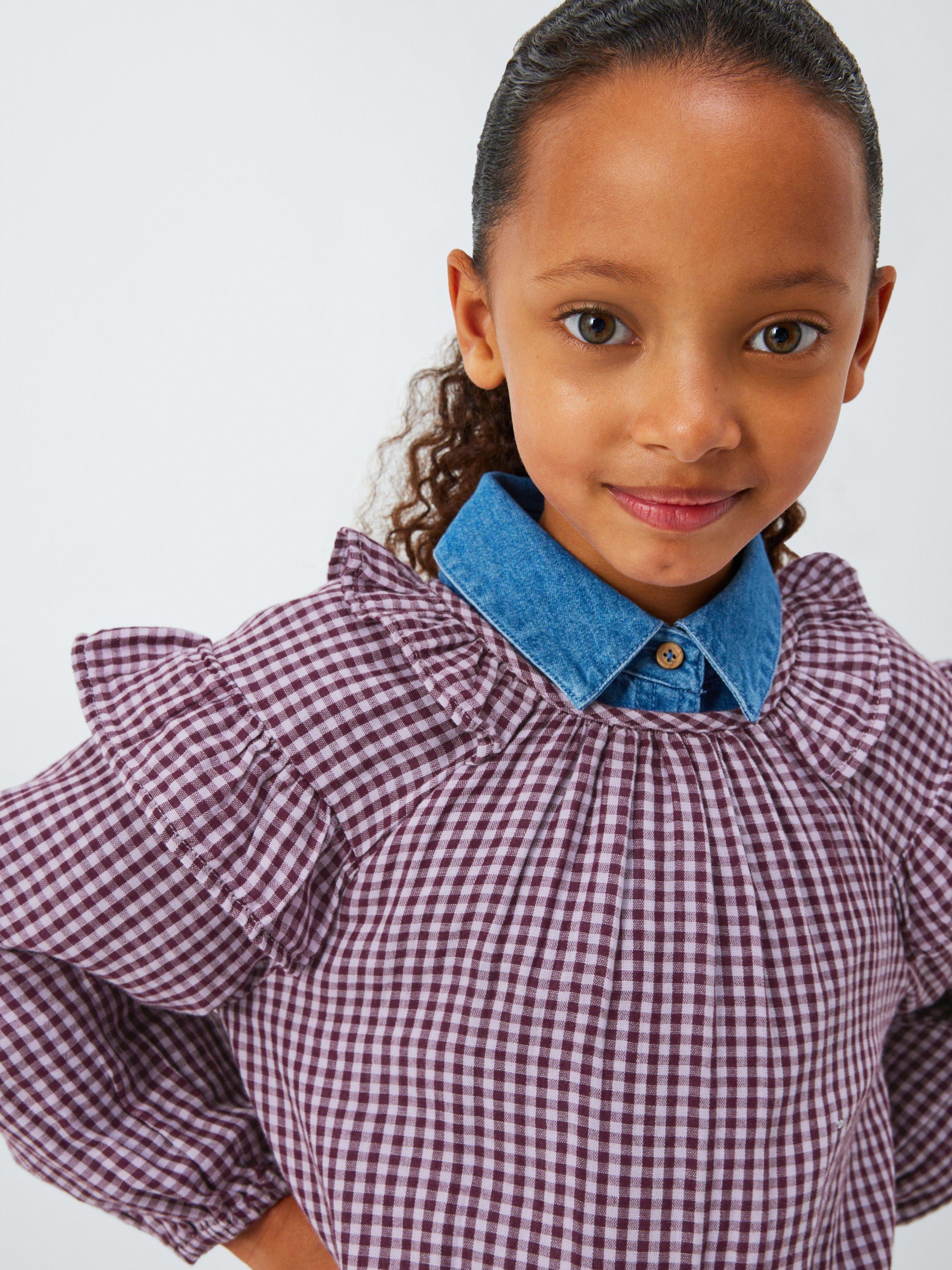 Product image 7 of 7, which shows John Lewis Kids' Cotton Check Ruffle Dress, Orange, Black, 3 years