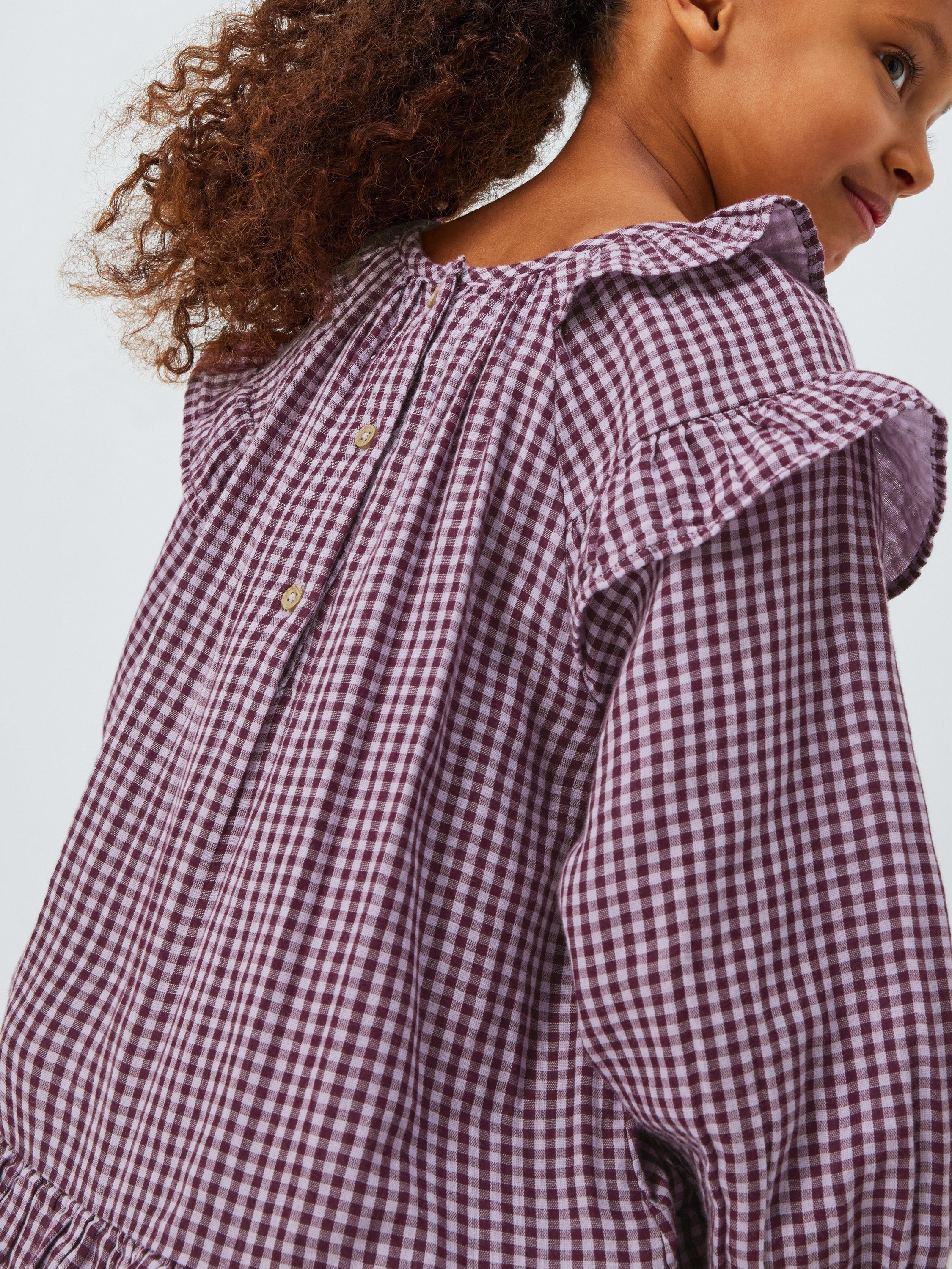 Product image 6 of 7, which shows John Lewis Kids' Cotton Check Ruffle Dress, Orange, Black, 3 years