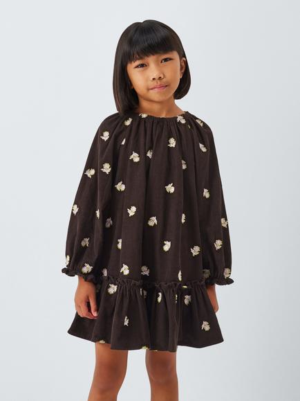 John Lewis Kids' Embroidered Floral Corduroy Dress, Brown, White, Brown, White