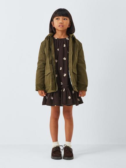 John Lewis Kids' Embroidered Floral Corduroy Dress, Brown, White - view 2, Brown, White