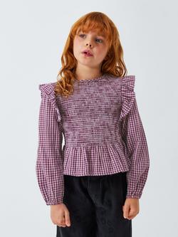 John Lewis Kids' Gingham Peplum Hem Top, Orange, Black, Orange, Black