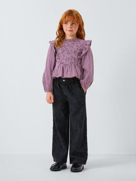 John Lewis Kids' Gingham Peplum Hem Top, Orange, Black - view 2, Orange, Black