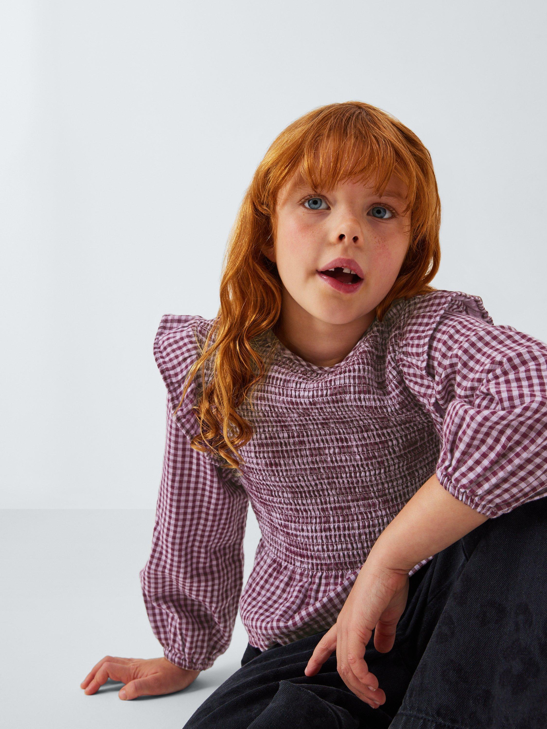 Product image 4 of 7, which shows John Lewis Kids' Gingham Peplum Hem Top, Orange, Black, 3 years