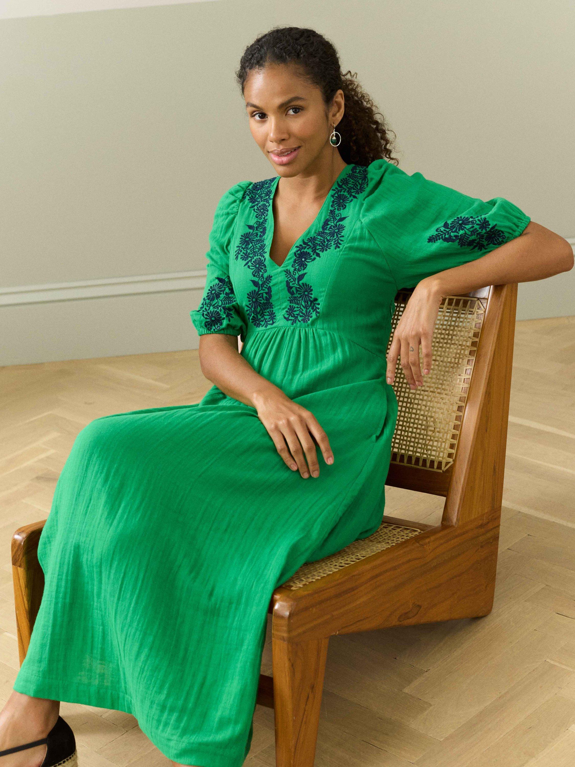 Brora Cotton Cheesecloth Embroidered Midi Dress, Green