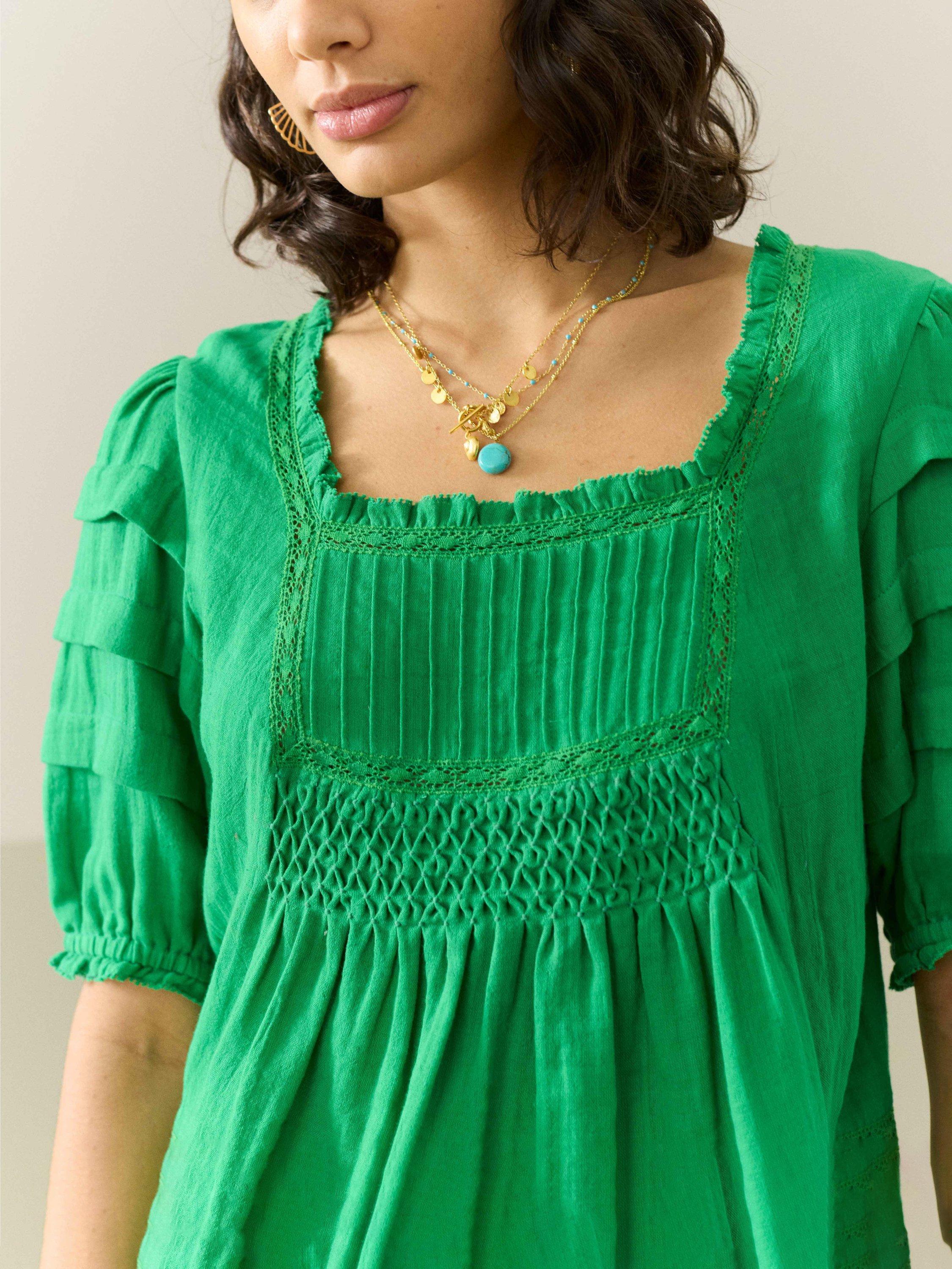 Product image 3 of 5, which shows Brora Cotton Cheesecloth Lace Inset Blouse, Grass, 6