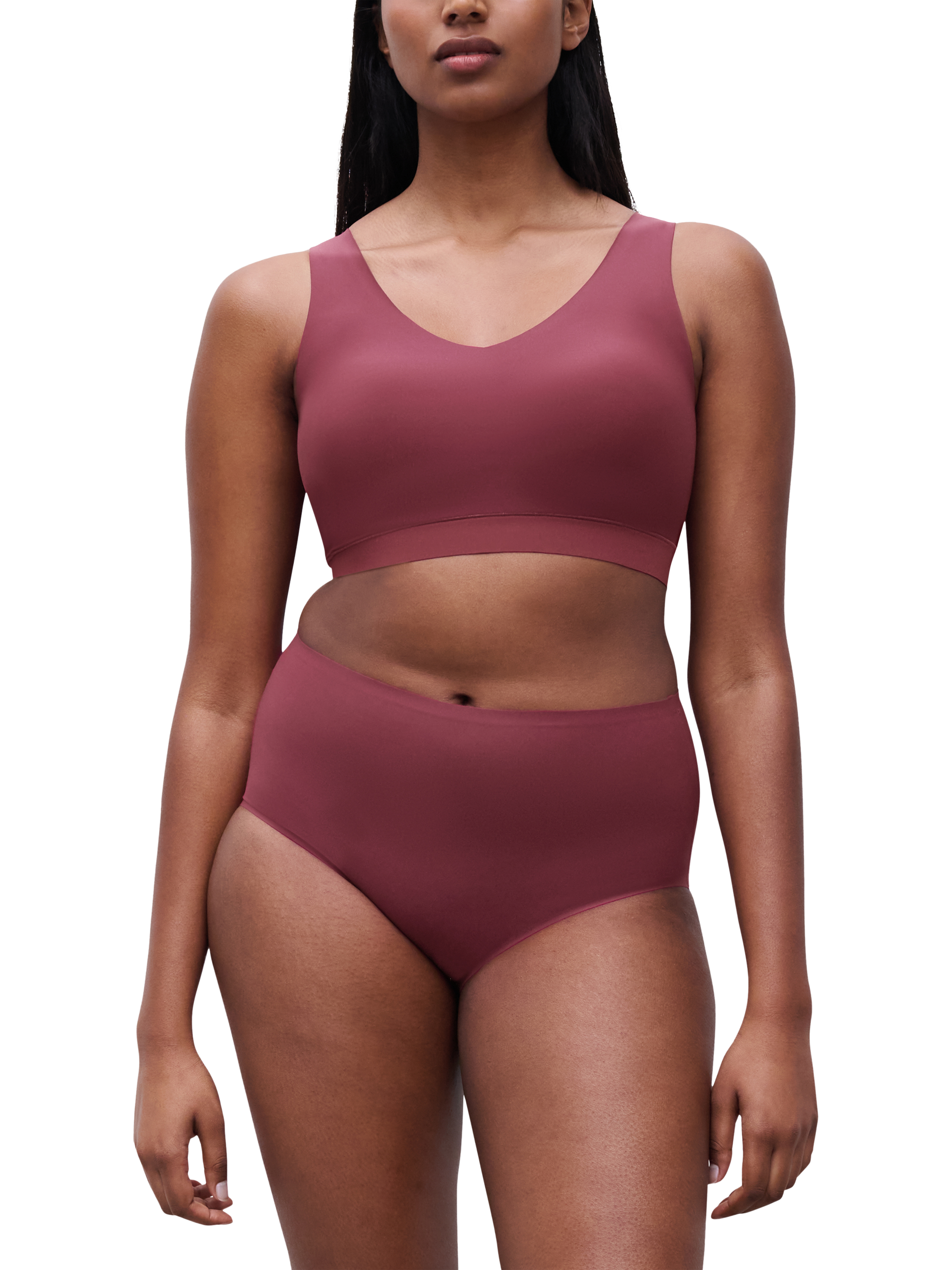 Product image 4 of 5, which shows Chantelle Soft Stretch V-Neck Padded Crop Bra, Sienna Red, XS-S
