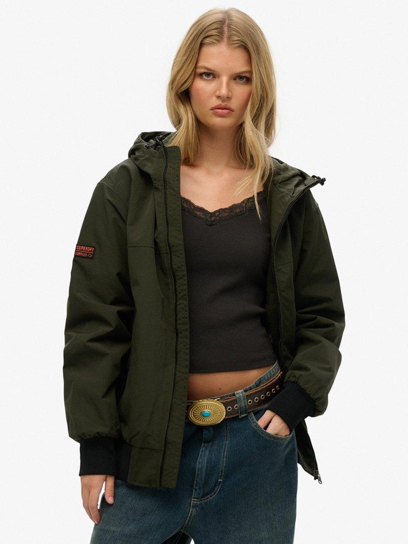Product image 1 of 7, which shows Superdry Oversized Hooded Bomber Jacket, Goods Olive Green, XS