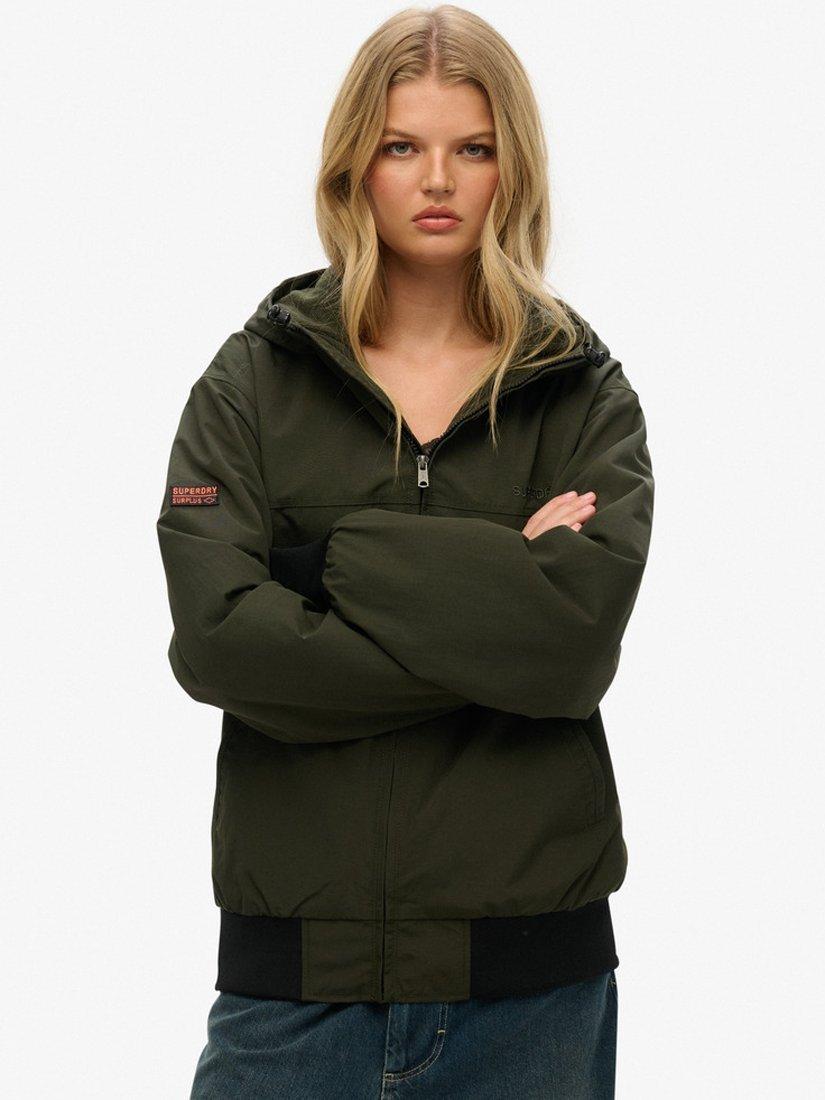 Product image 4 of 7, which shows Superdry Oversized Hooded Bomber Jacket, Goods Olive Green, XS
