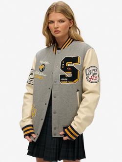 Superdry Oversized College Patched Bomber Jacket, Grey Marl, Grey Marl