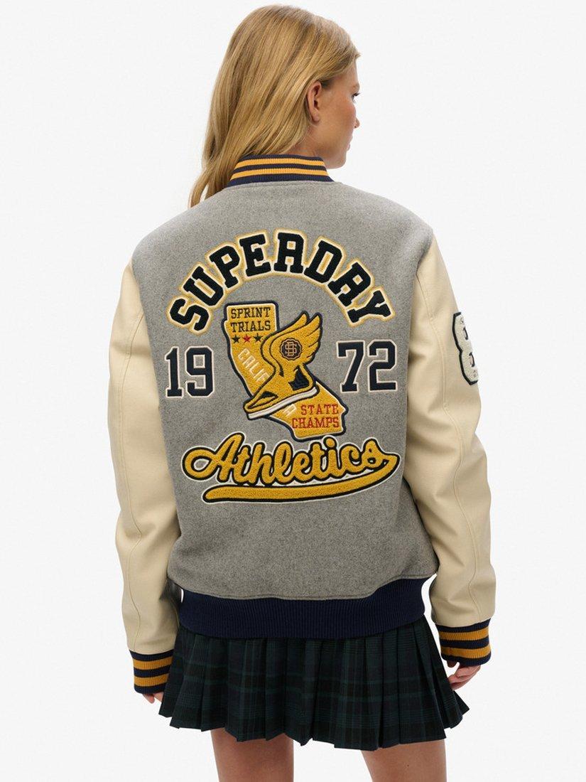 Product image 2 of 6, which shows Superdry Oversized College Patched Bomber Jacket, Grey Marl, XS