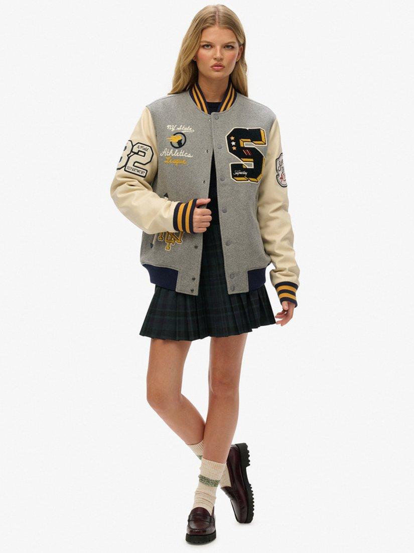 Product image 3 of 6, which shows Superdry Oversized College Patched Bomber Jacket, Grey Marl, XS