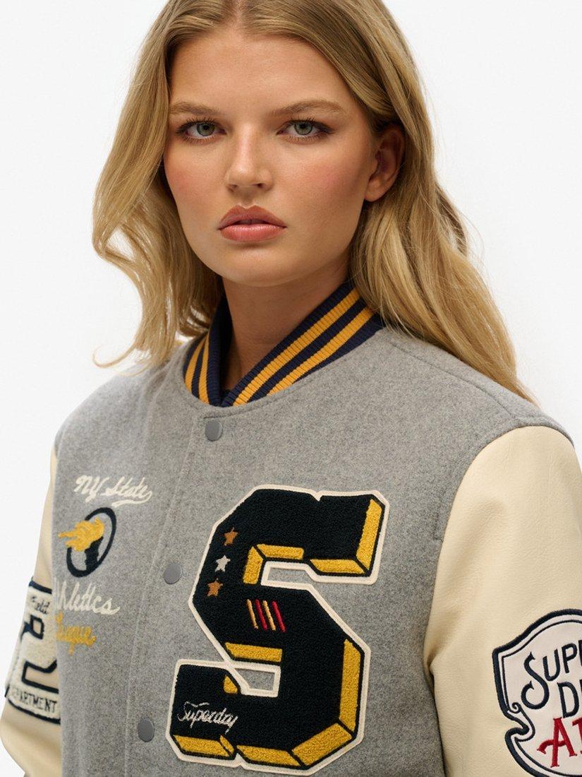 Product image 4 of 6, which shows Superdry Oversized College Patched Bomber Jacket, Grey Marl, XS