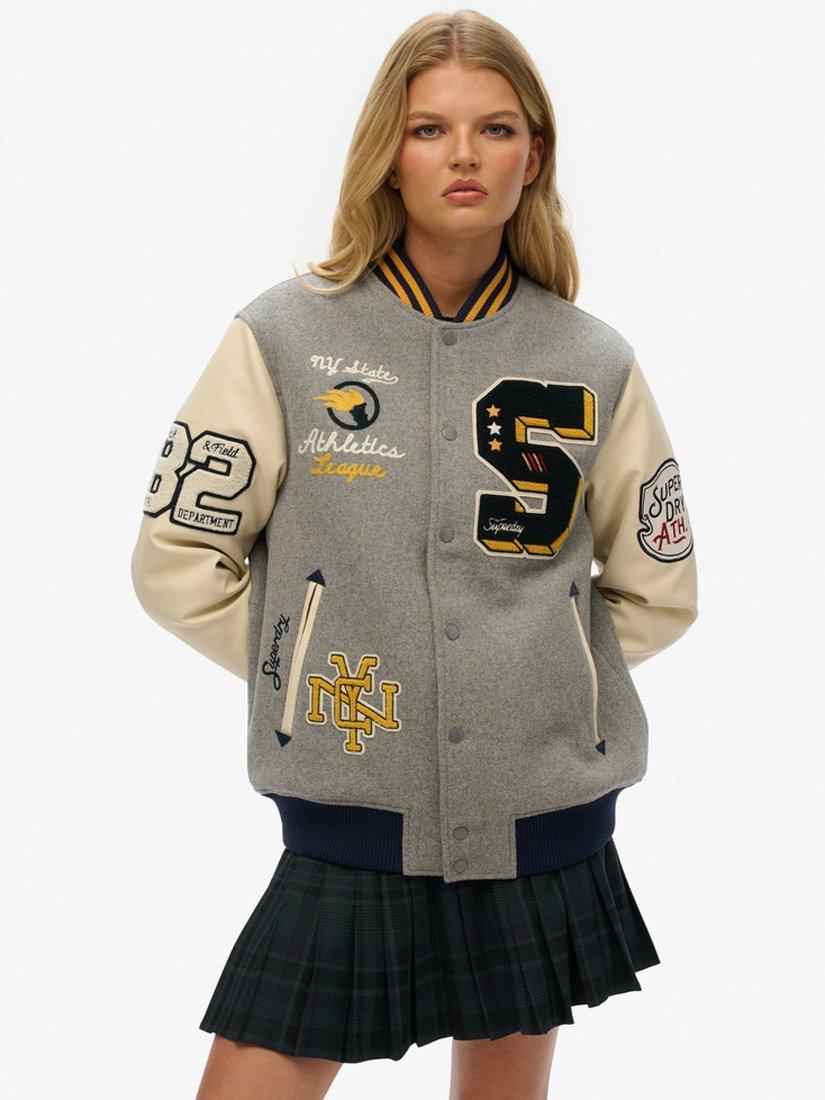 Product image 5 of 6, which shows Superdry Oversized College Patched Bomber Jacket, Grey Marl, XS