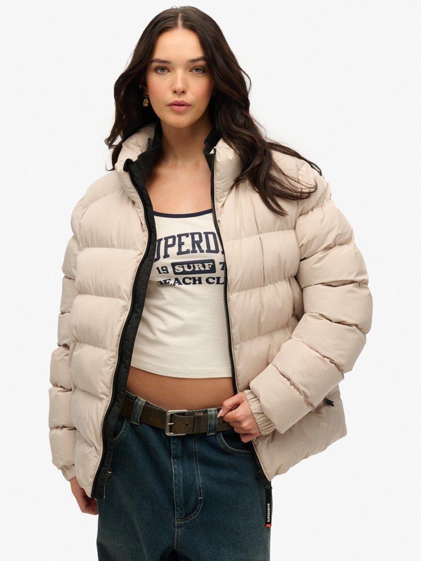 Product image 1 of 6, which shows Superdry Oversized Sports Puffer Jacket, Chateau Gray, XS