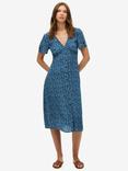 Superdry Printed Button Up Midi Tea Dress, Sea Blue
