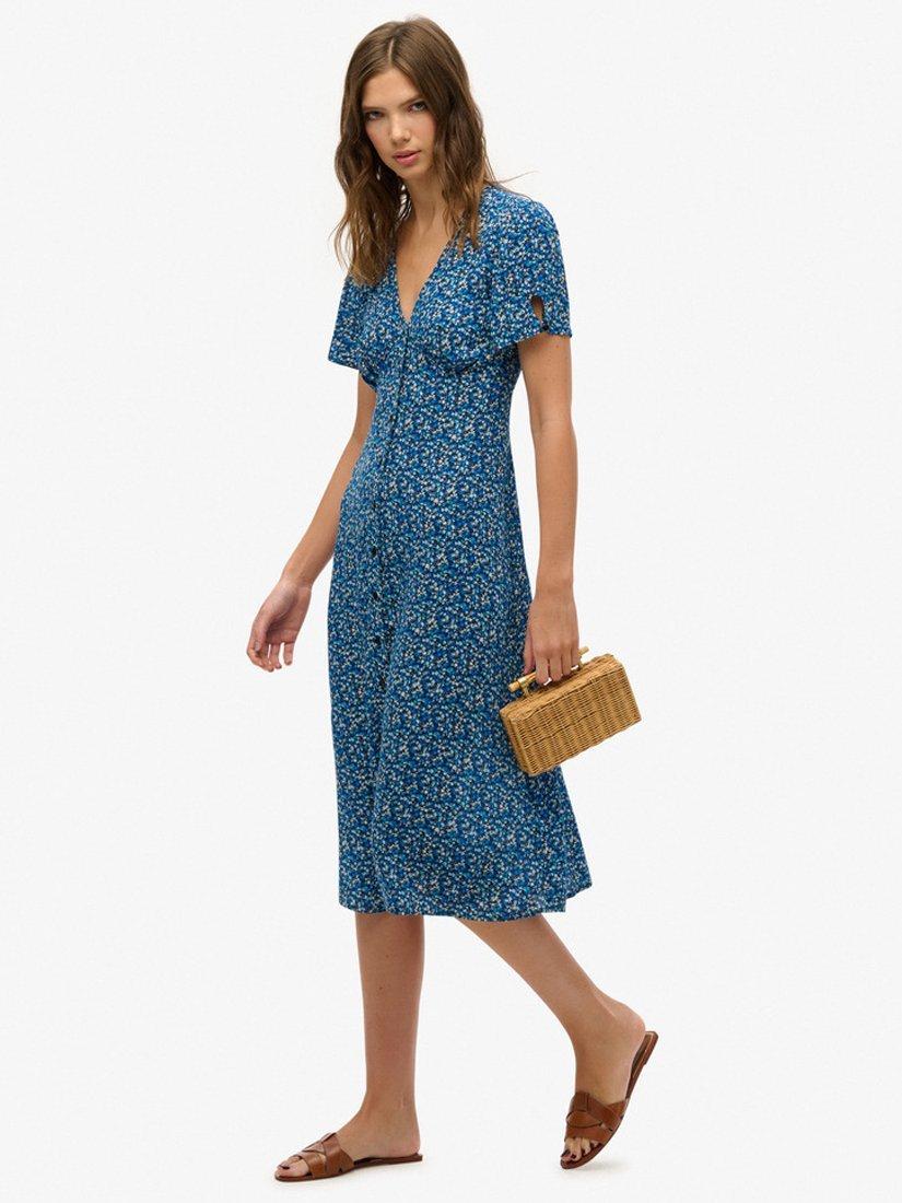 Product image 5 of 6, which shows Superdry Printed Button Up Midi Tea Dress, Sea Blue, 10