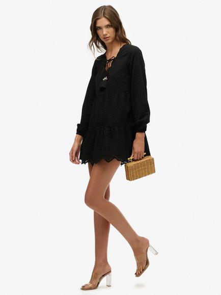 Superdry Broderie Tiered Mini Dress, Black - view 2, Black