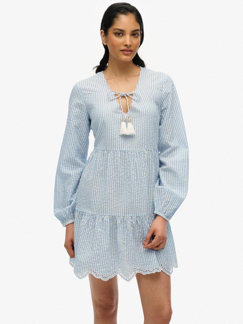 Product image 1 of 6, which shows Superdry Stripe Broderie Tiered Mini Dress, Blue, 10