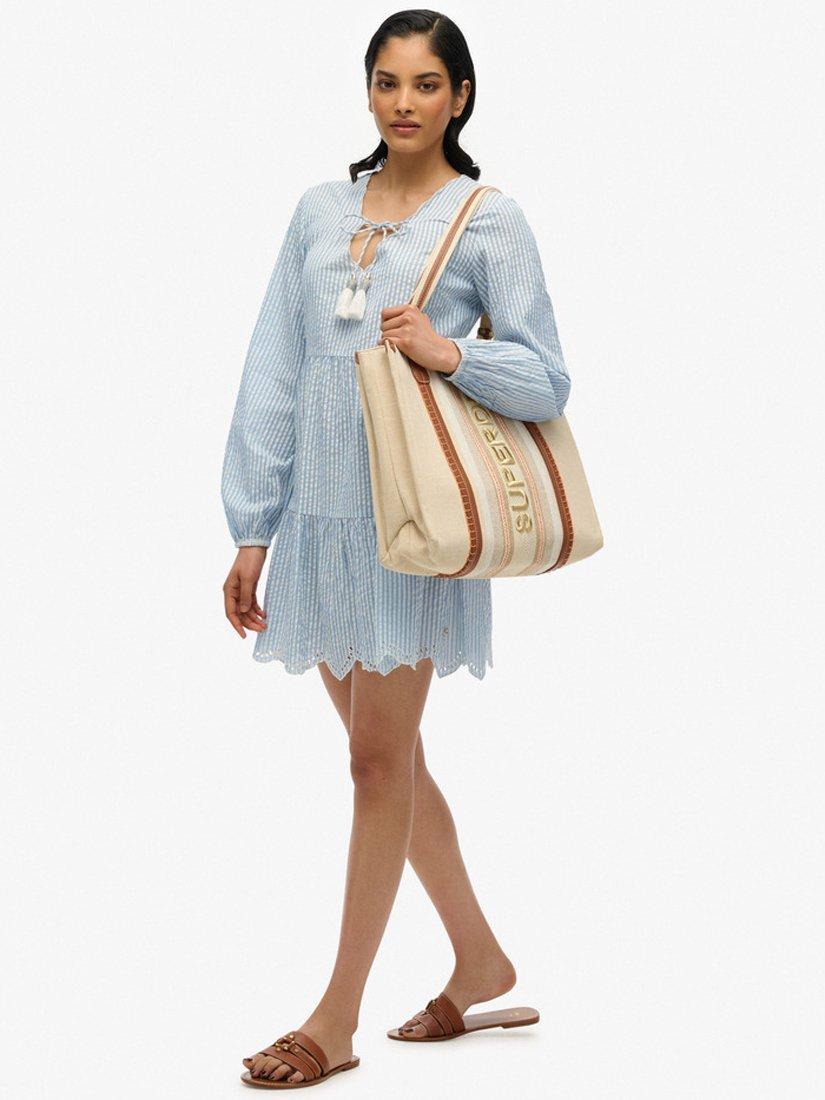 Product image 3 of 6, which shows Superdry Stripe Broderie Tiered Mini Dress, Blue, 10