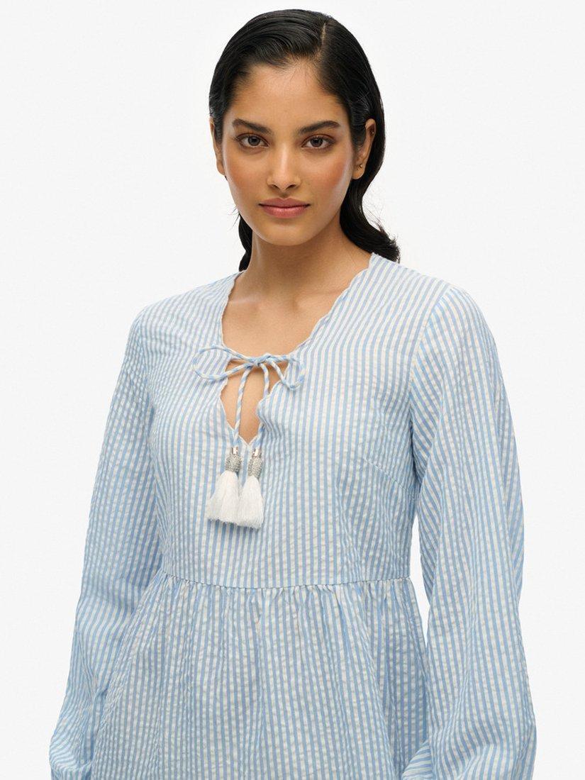 Product image 4 of 6, which shows Superdry Stripe Broderie Tiered Mini Dress, Blue, 10