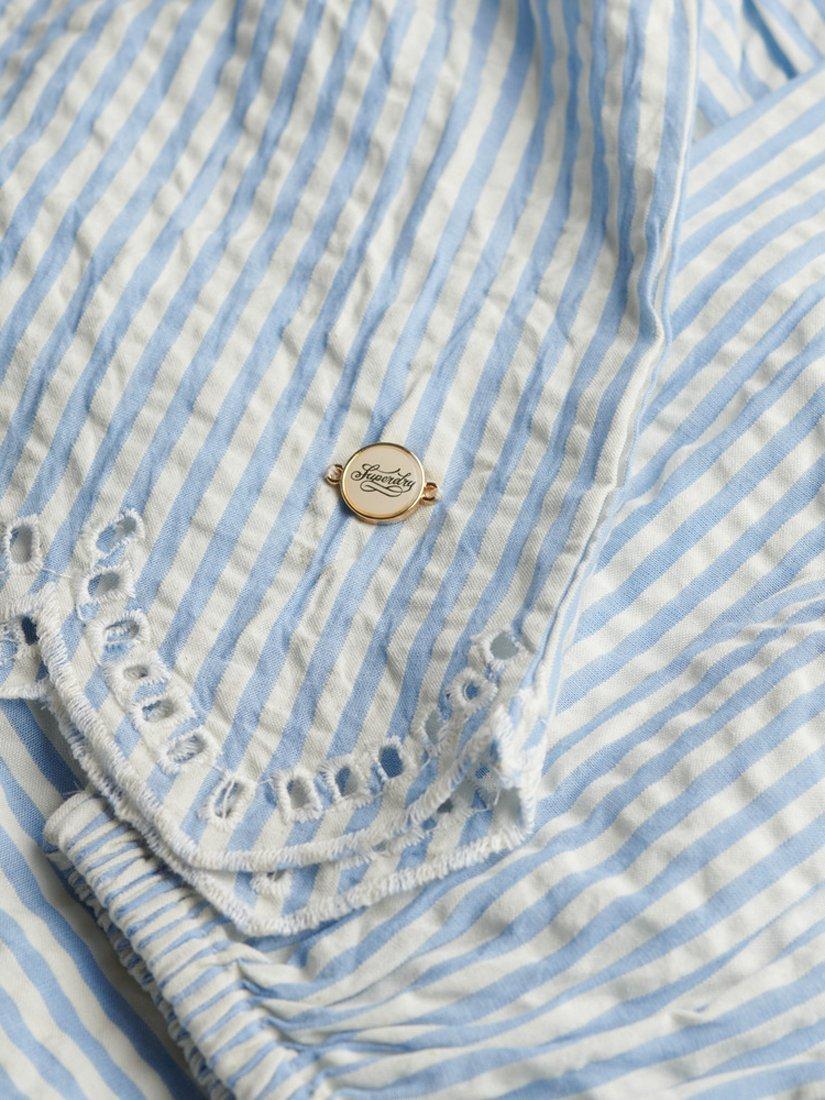 Product image 5 of 6, which shows Superdry Stripe Broderie Tiered Mini Dress, Blue, 10