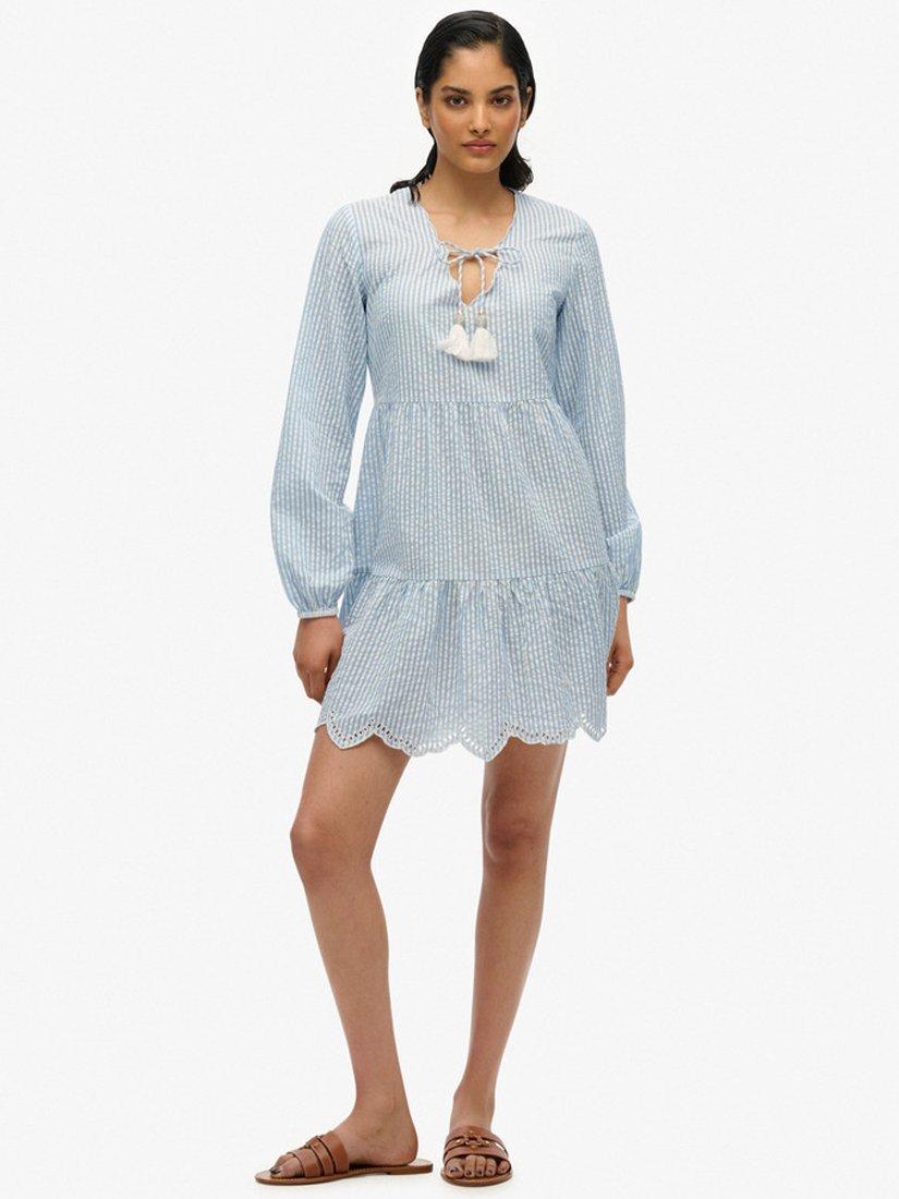 Product image 6 of 6, which shows Superdry Stripe Broderie Tiered Mini Dress, Blue, 10