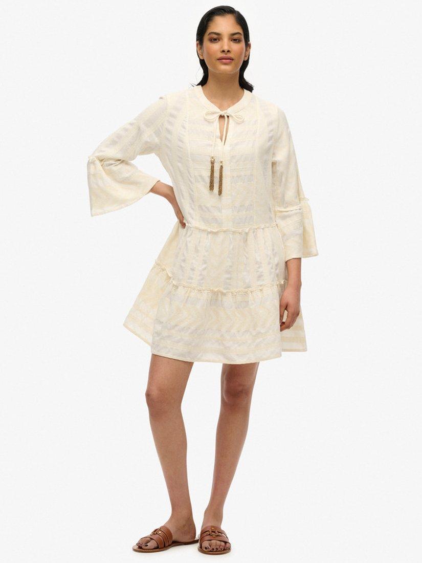 Product image 1 of 6, which shows Superdry Ibiza Tiered Mini Dress, Dusty Ecru, 10