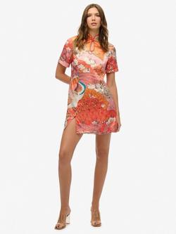 Superdry Mandarin Jacquard Mini Dress, Kam Coral, Kam Coral