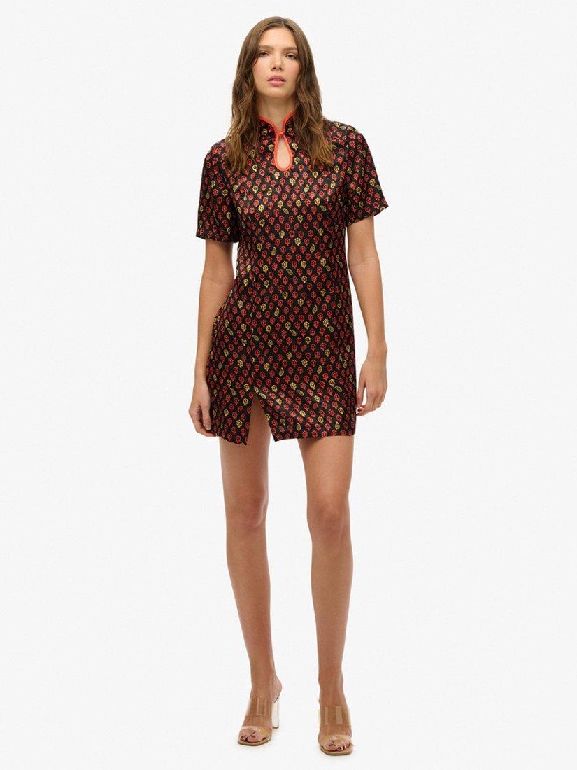 Product image 1 of 6, which shows Superdry Mandarin Jacquard Mini Dress, Floral Block Black, 10