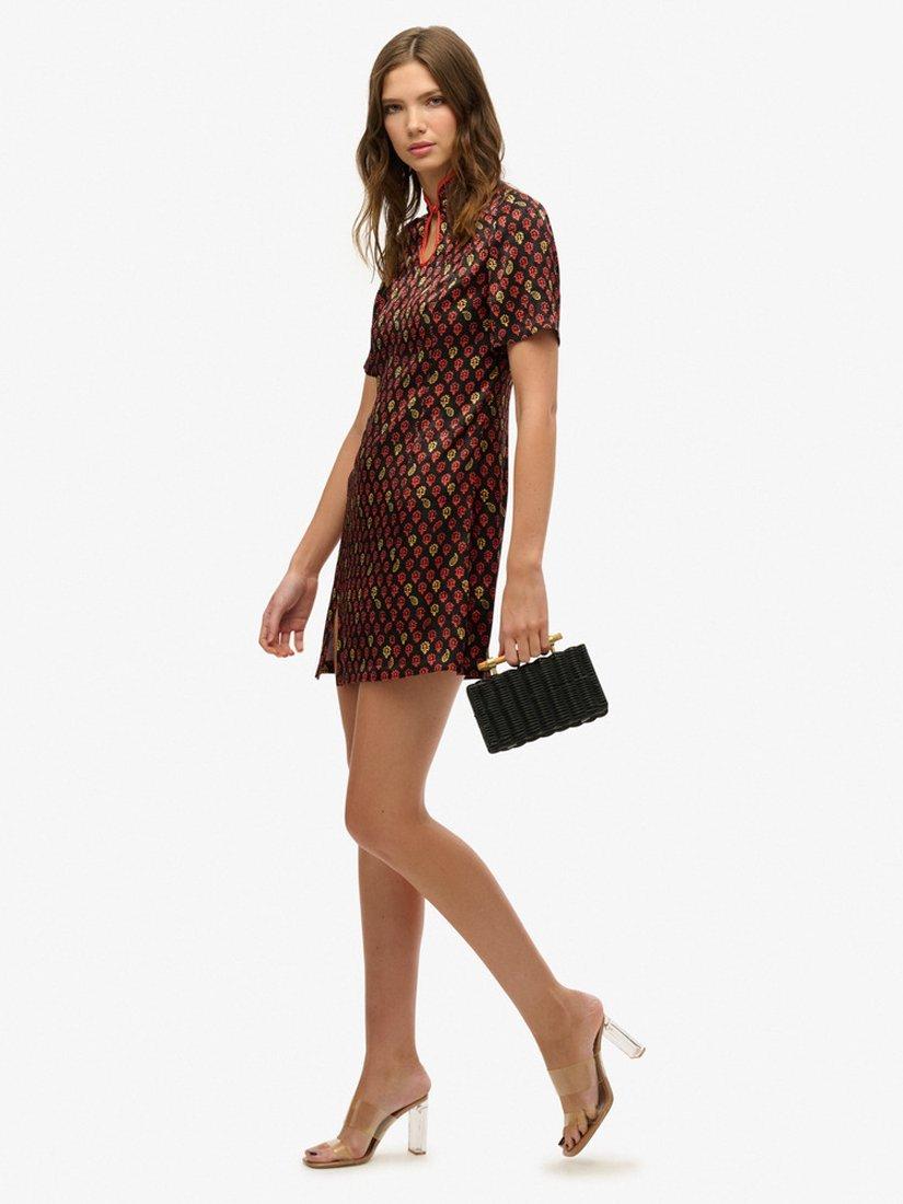 Product image 3 of 6, which shows Superdry Mandarin Jacquard Mini Dress, Floral Block Black, 10