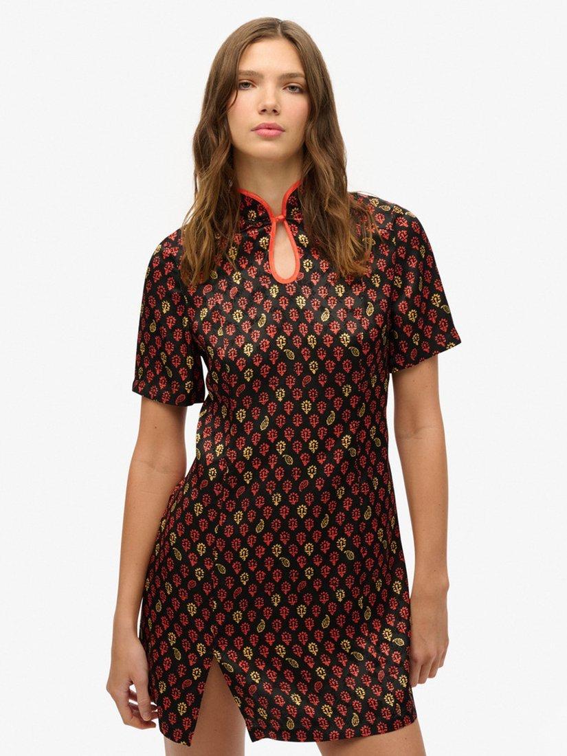 Product image 4 of 6, which shows Superdry Mandarin Jacquard Mini Dress, Floral Block Black, 10