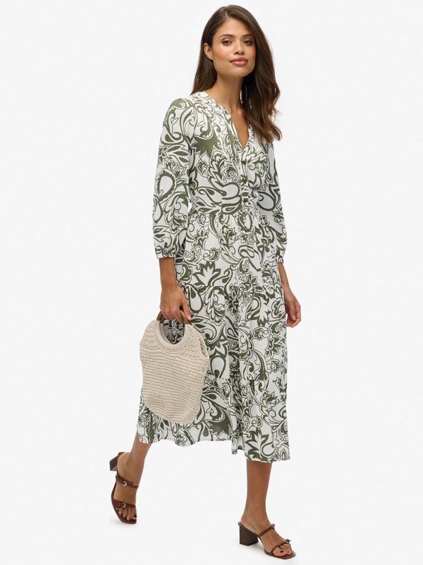 Product image 2 of 6, which shows Superdry Paisley Floral Tiered Midi Dress, Khaki, 10