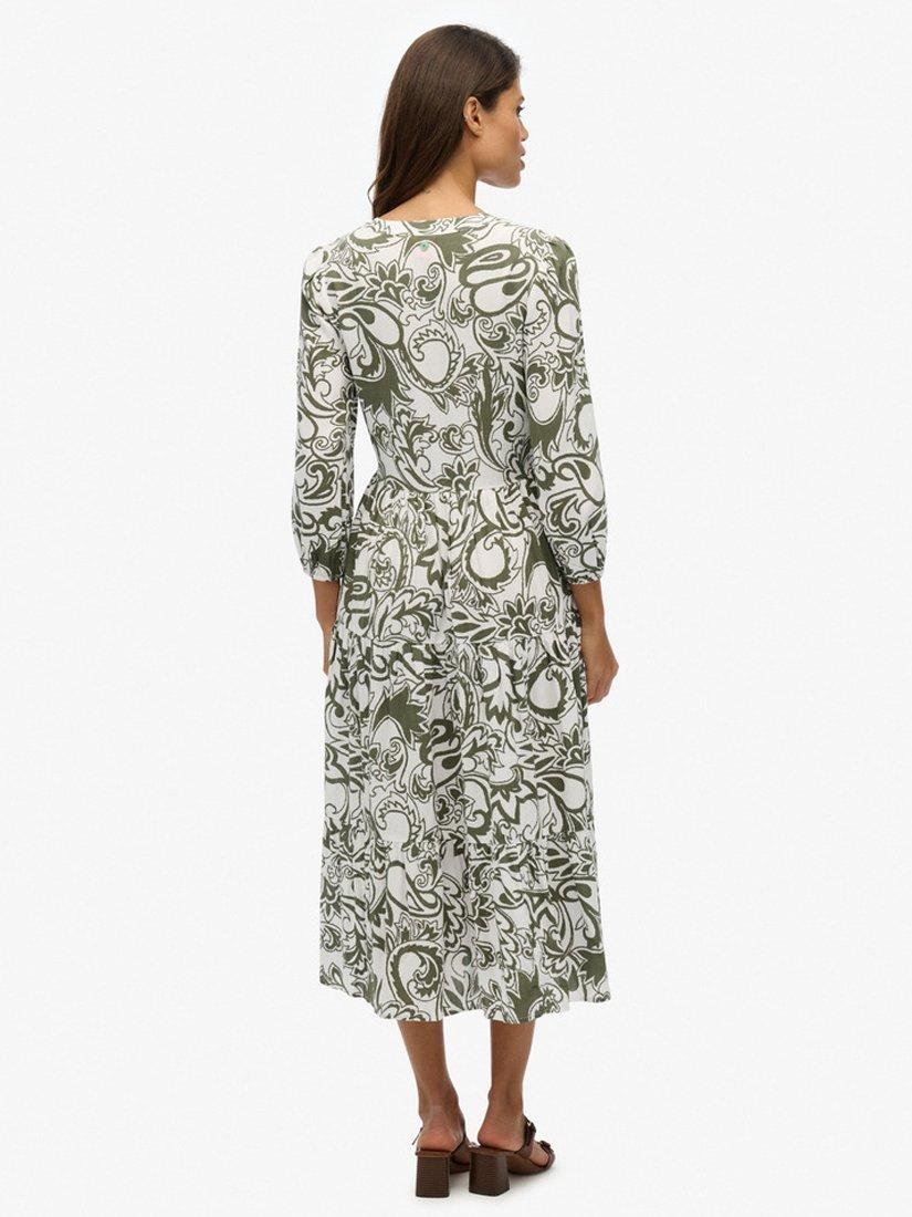 Product image 3 of 6, which shows Superdry Paisley Floral Tiered Midi Dress, Khaki, 10