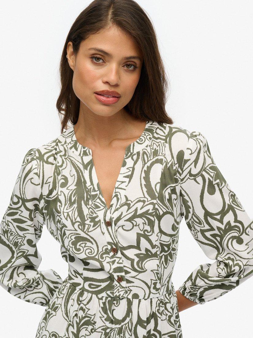 Product image 4 of 6, which shows Superdry Paisley Floral Tiered Midi Dress, Khaki, 10